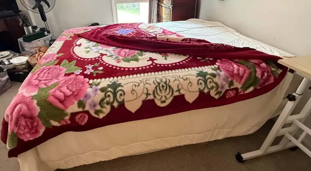 Vintage Korean-Style Heavyweight 2-Ply Raschel Floral Rose Print Plush Blanket